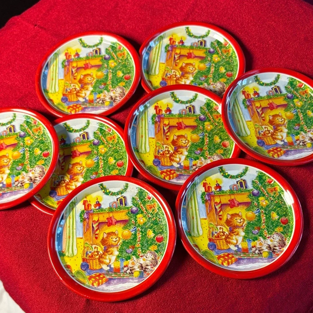 Holiday Cheer Christmas Tin Coaster Set of 8- Red and Green - Kitten